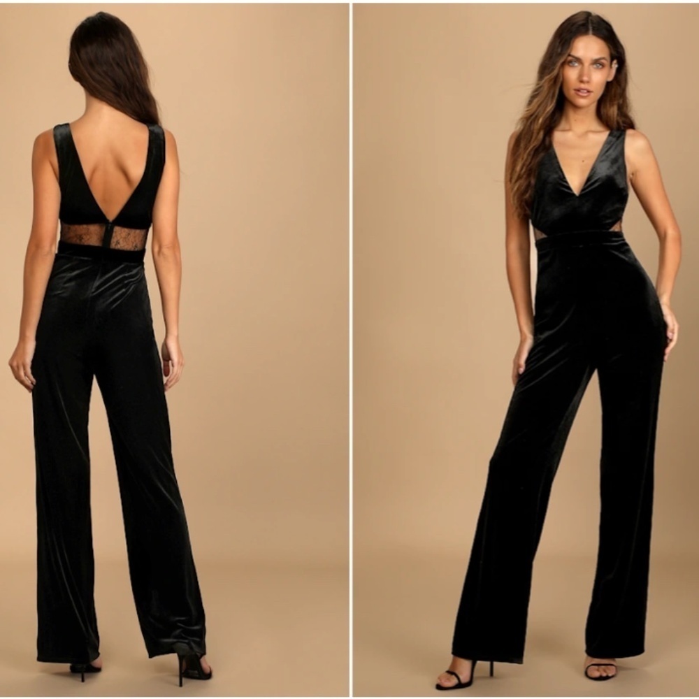 LULU's Sexy Chic Elegant Prom Holidays Wedding Velvet Lace Sophisitcated Jumpsui